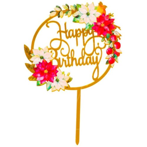 Топпер декоративный акриловый "Happy Birthday Красные Цветы" Золотой , 199 ₽ Топпер декоративный акриловый "Happy Birthday Красные Цветы" Золотой