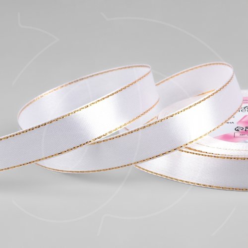 Лента для декора и упаковки Атласная Белая с золотом 15 мм 1902792